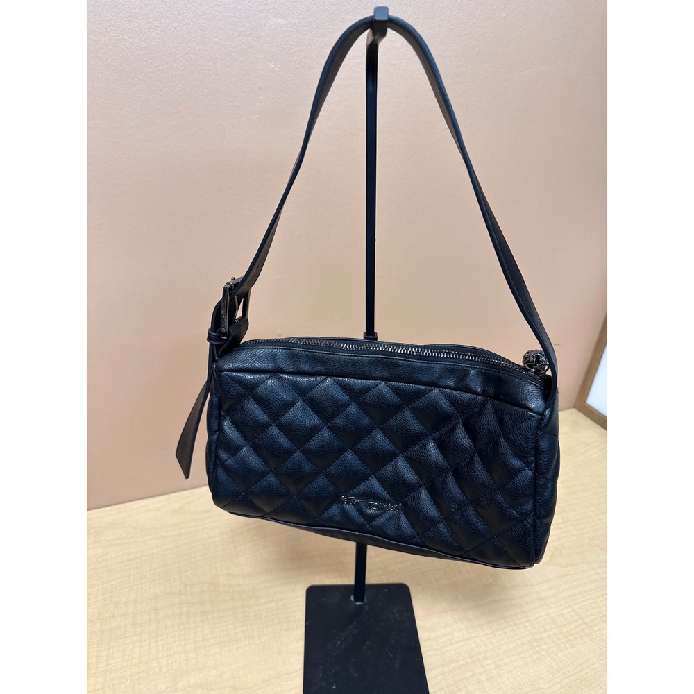 Betsey Johnson Black Quilted Faux Leather Skull Studded Shoulder Bag Baguette